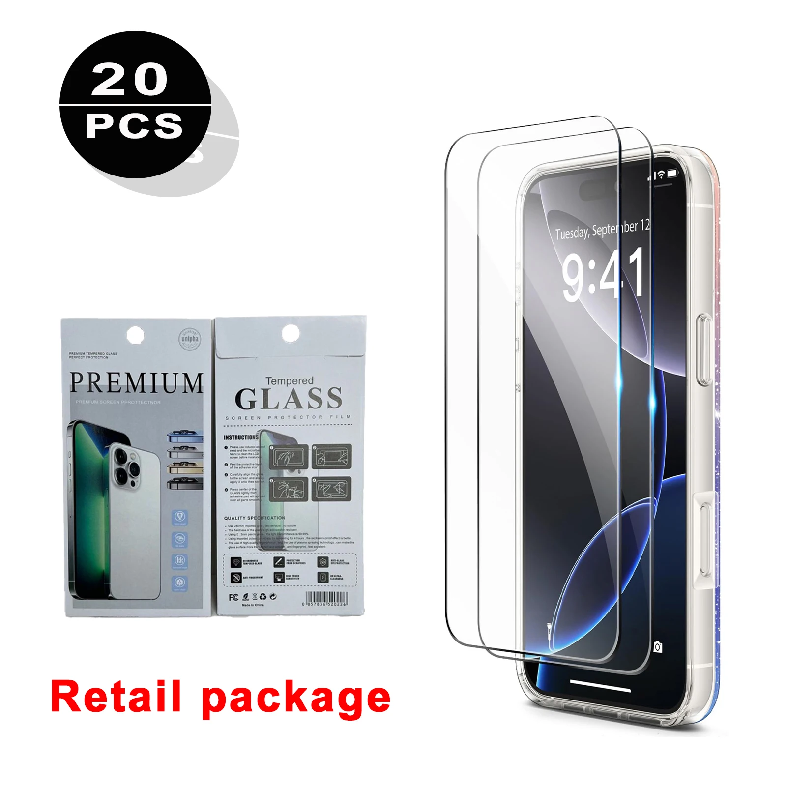 

20pcs with retail package transparent mobile phone tempered glass for iphone 16 15 pro max 14 XR 7 8 plus anti scratch hard film