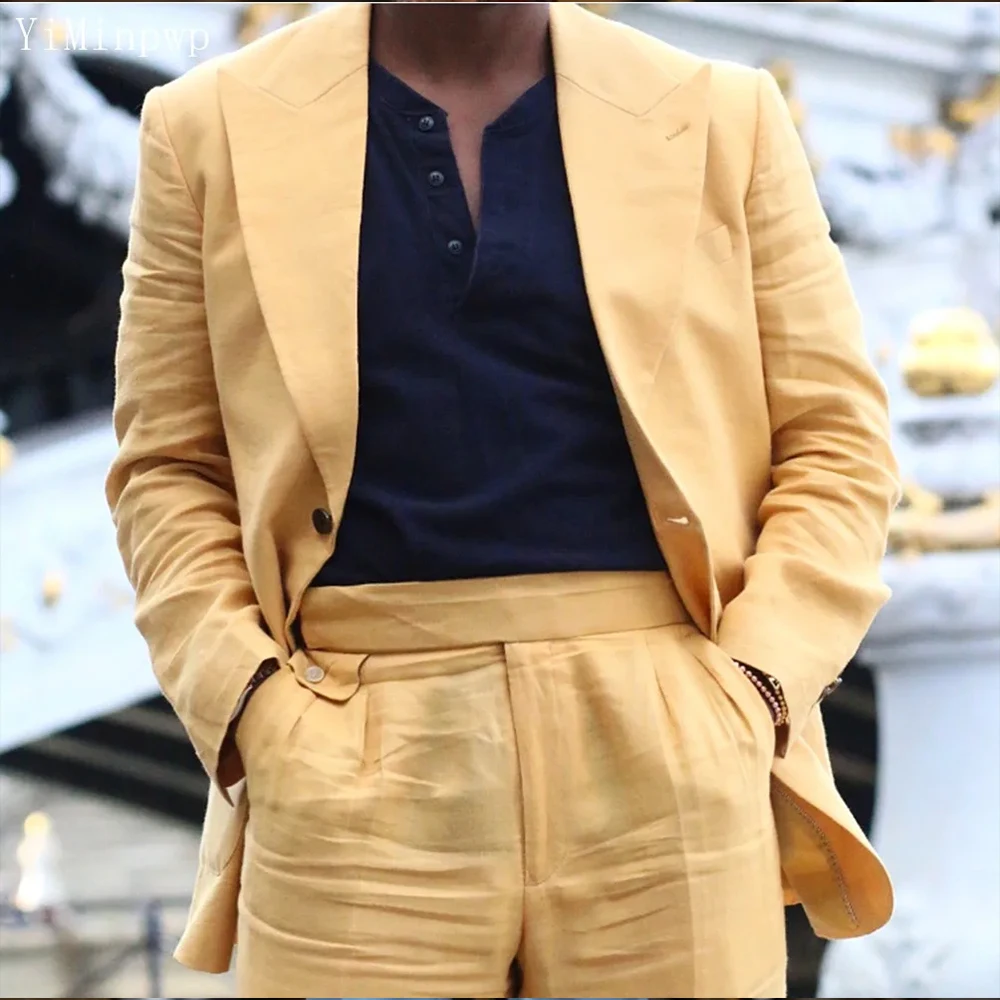 

YiMinpwp Yellow Linen Casual Suit For Men Daily Wedding Party Blazer & Pants Smart Casual Celebrity Style Bespoke Suit 2PC