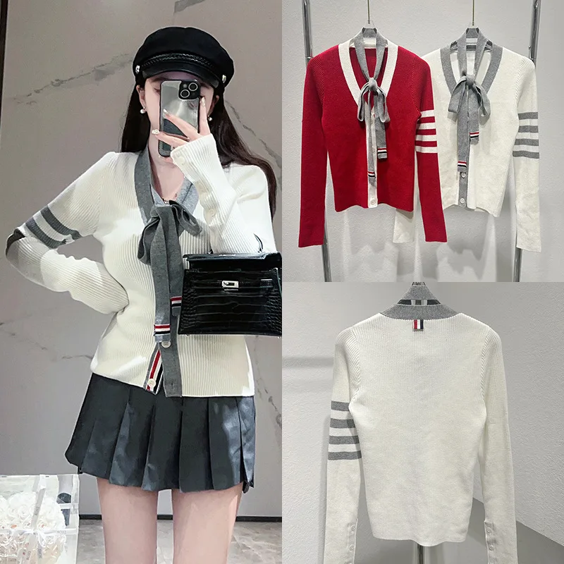 2024 High Quality Fashion Brand New Spring Elegant Knitted V-neck Women's Cardigan Lace-up Slim Wool Sweater Long Sleeved Jacket