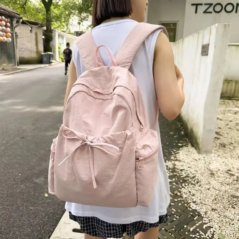 New Design Bow Wrinkle Backpack Solid Color Korean Style Nylon Lightweight Backpack School Bag Large Capacity