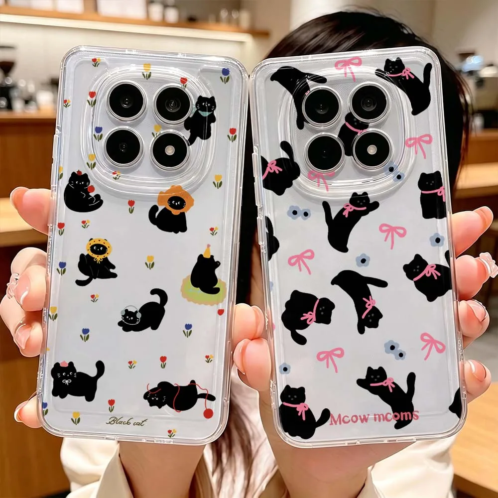 Cartoon Black Cat Bow Phone Case For Xiaomi Redmi Note 15 14 13 12 11E 9 Pro Plus 4G 5G Protective Transparent Cover