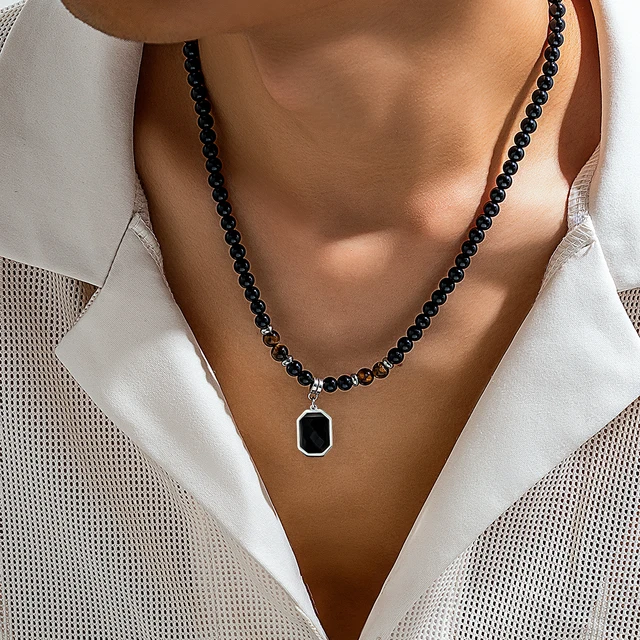 PuRui Hip Hop geometryczny naszyjnik ze stali nierdzewnej dla mężczyzn czarny akrylowy kamień naturalny koraliki Choker łańcuszek na szyję biżuteria