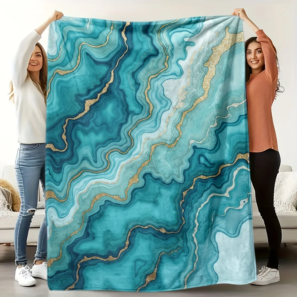 Stampa digitale ad alta definizione, morbida al tatto, con motivo astratto in marmo blu-verde, coperta in velluto con bordi, coperta rinfrescante, adatta a tutte le stagioni, ideale come regalo per la