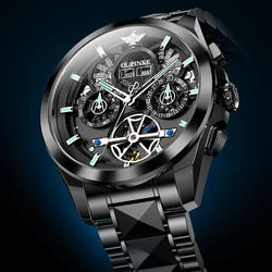 OUPINKE Top Brand Luxury Tourbillon Mechanical Watch for Men Fashion Black Steel Waterproof Date Automatic Watch Reloj Hombre