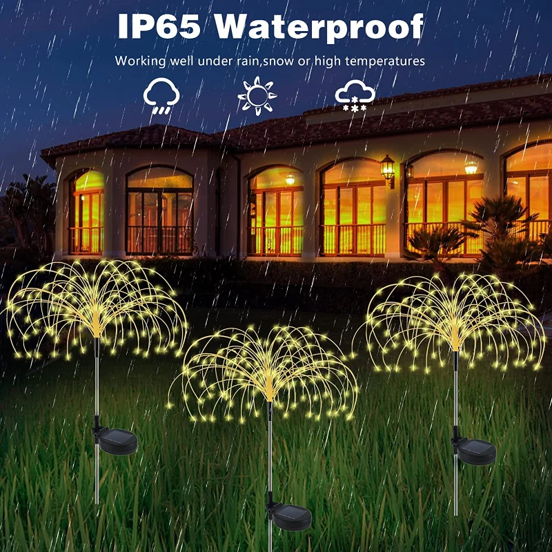 Solar Firework LED Lights Outdoor Lawn Lamp Grass Dandelion Flash Lamps Holiday Decor Floodlight Street Garden Light 90-150 LED