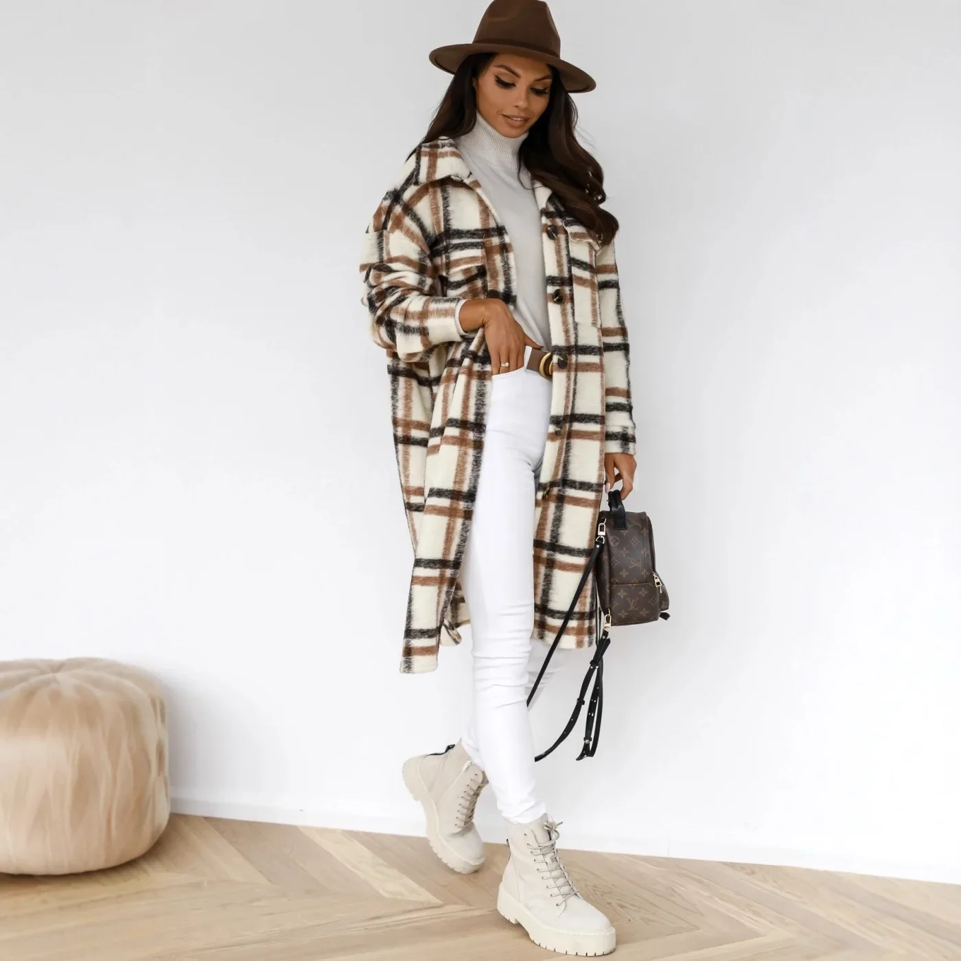 Women Plaid Long Shacket Lapel Button Down Pocket Oversized Loose Wool Blend Coat Fall Winter Casual Jacket