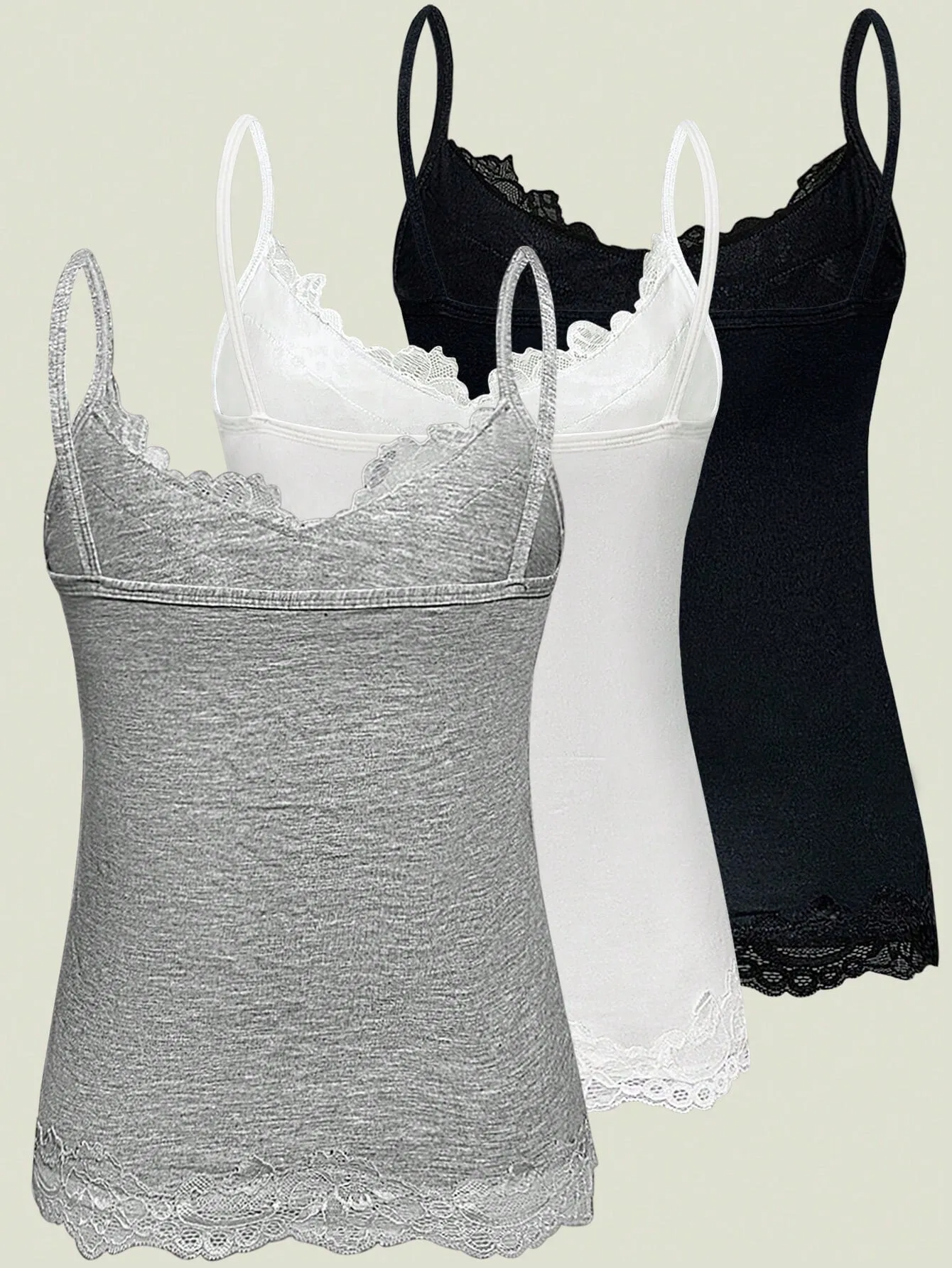3 Pack Multi-color Women Lace Trim V Neck Spaghetti Strap Slim Fit Long Cami Top 2026 Summer Basic Casual Solid Color Sleeveless