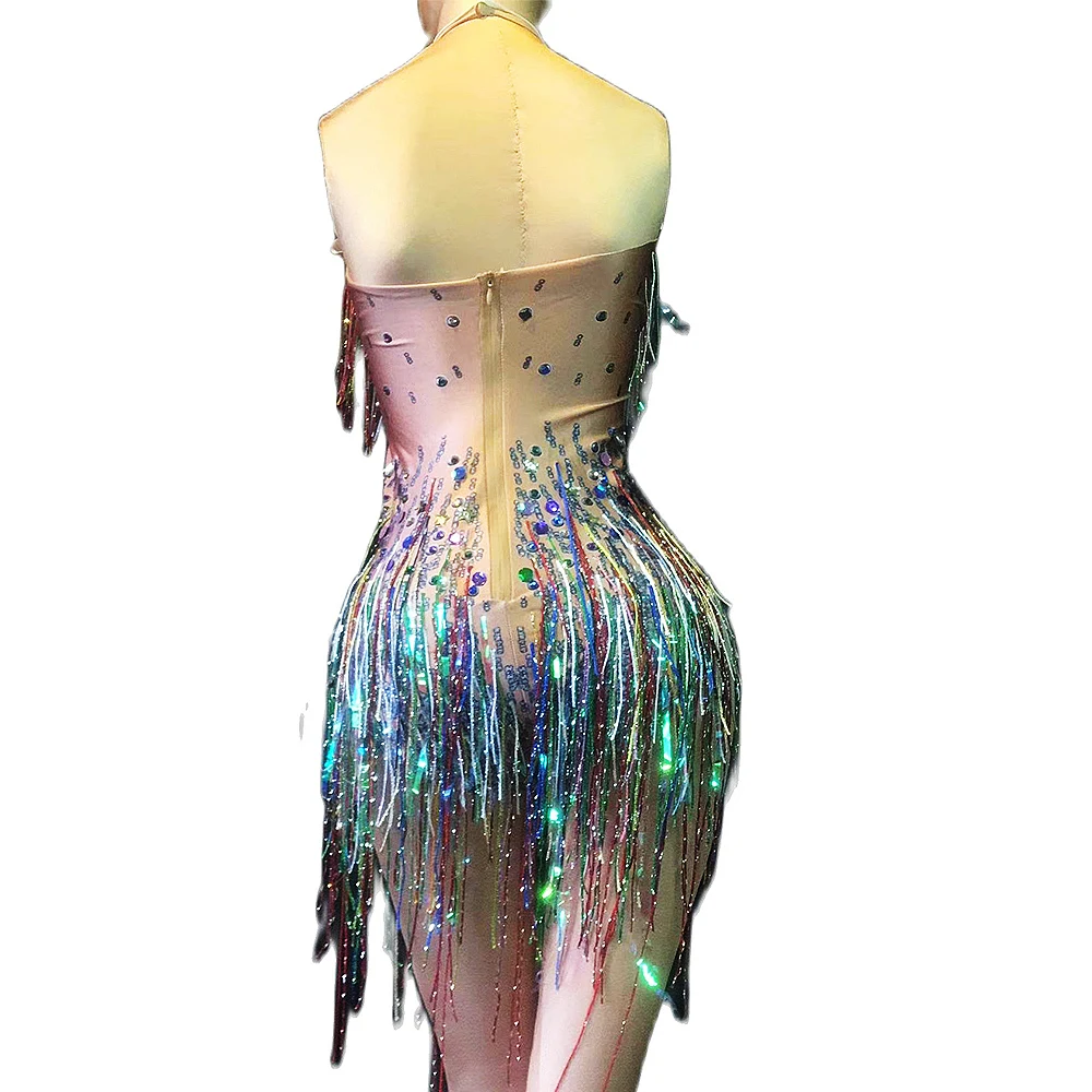 Glitter Multicolor Rhinestones Sleeveless Halter Women Bodysuits Colored Fringes Tight Stretch Jumpsuits Nightclub Stage Romper