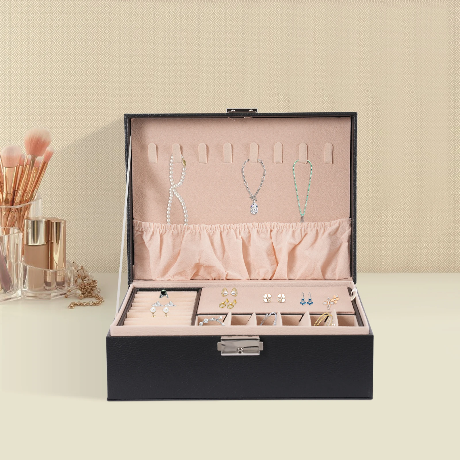 

2 Tiers Black PVC Jewelry Box,Rectangle Jewelry Storage Box Tabletop 23*17*9cm for Storing Rings,Earrings,Bracelets