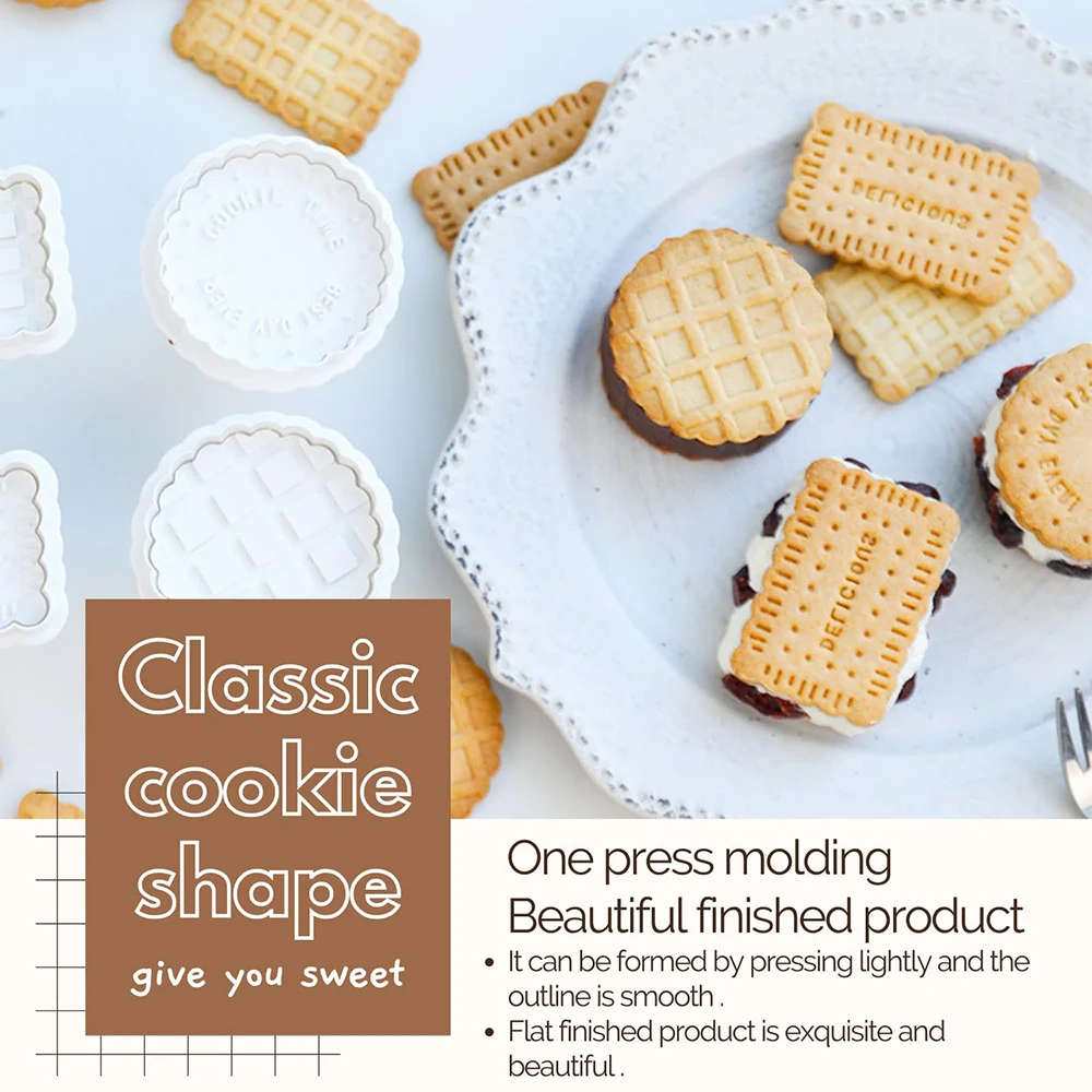 4Pcs 3D Cookie Stamps Biscuit Press Mold DIY Cake Pastry Handmade Checkered Cookies Dessert Mould Decorating Baking Accessories