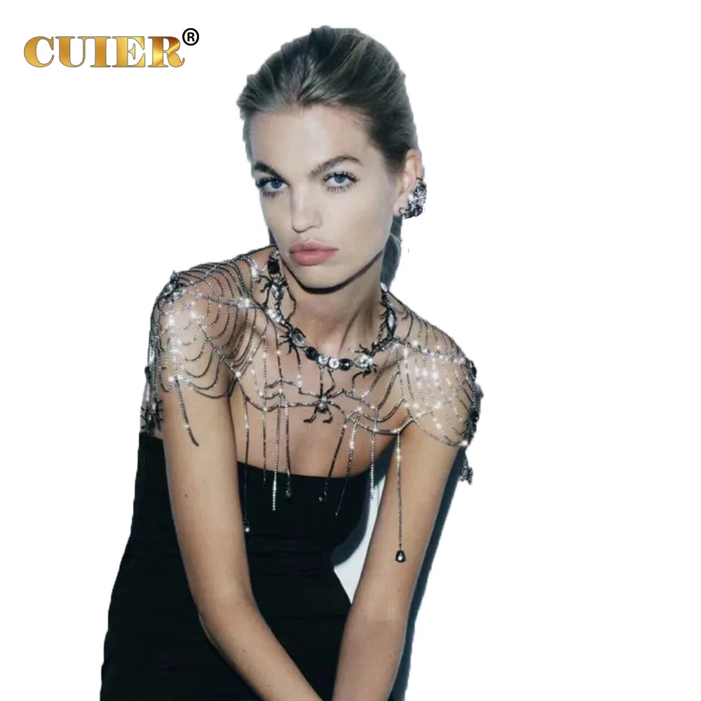 

CUIER Gun Black Rhinestone Spider Chain Necklace shoulder Tassel Jewelry fro Women Halloween Body Accessories