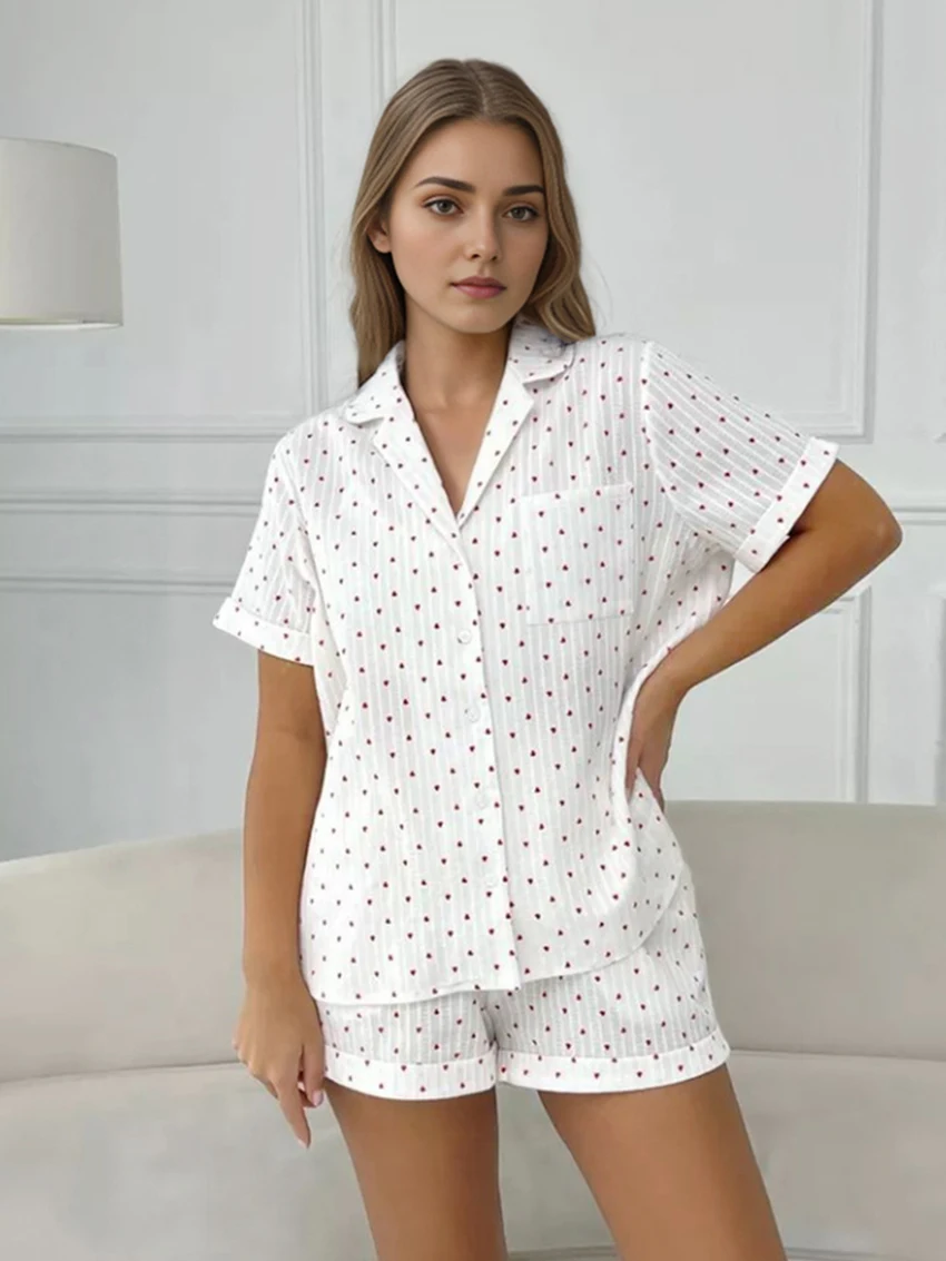 Mathaqiqi-Pijama de algodón para mujer, traje de 2 piezas con cuello vuelto, ropa de dormir de manga corta, pantalones cortos, ropa informal para el