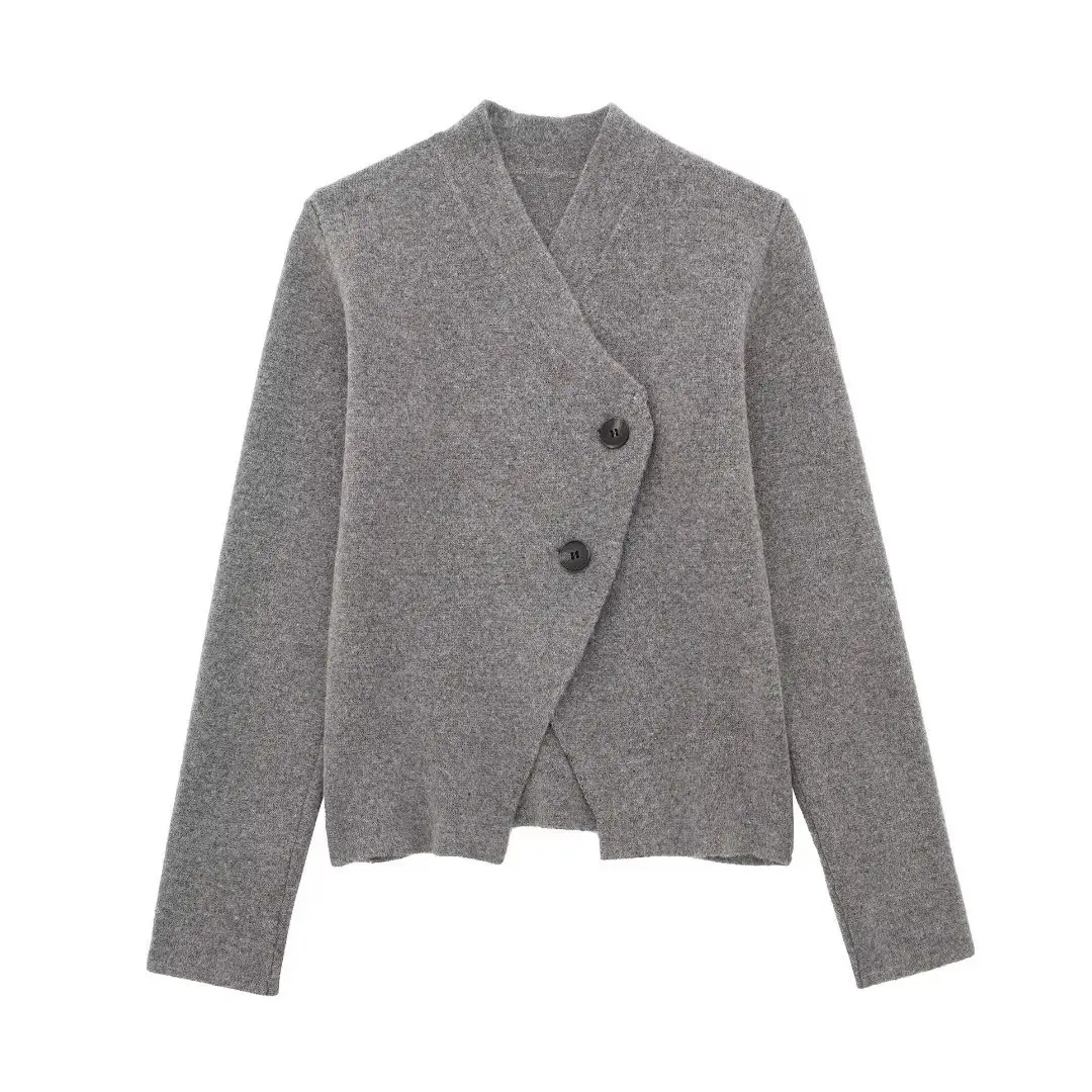 Traje Vintage gris liso para mujer, Top de punto con cuello en V y una hilera de botones, Falda larga y recta, conjuntos de moda para Otoño e Invierno 2024