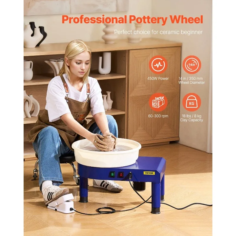 Pottery Wheel 14 in Ceramic Wheel Machine 60-300 RPM Speed Adjustable Blue