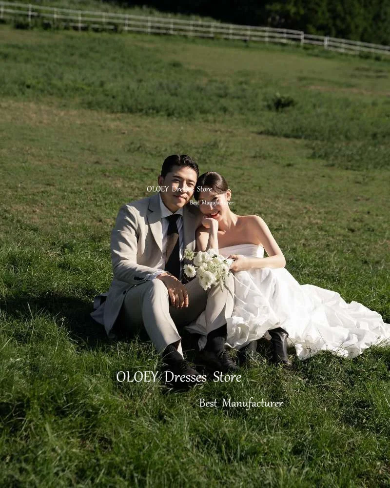 OLOEY-vestidos de novia de tafetán de línea A, simples, coreanos, sesión de fotos sin tirantes, hasta el suelo, corsé, espalda, vestidos de novia