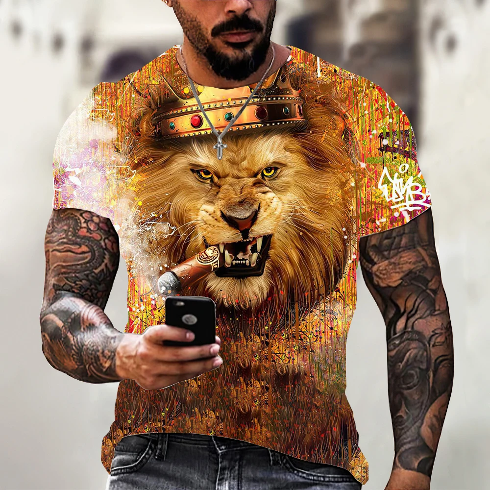 Retro Colorful Lion 3d Print Summer Men\'s Round Neck T-shirt Casual Short Sleeve Oversized T Shirt Fashion Tee Tops Men Clothing