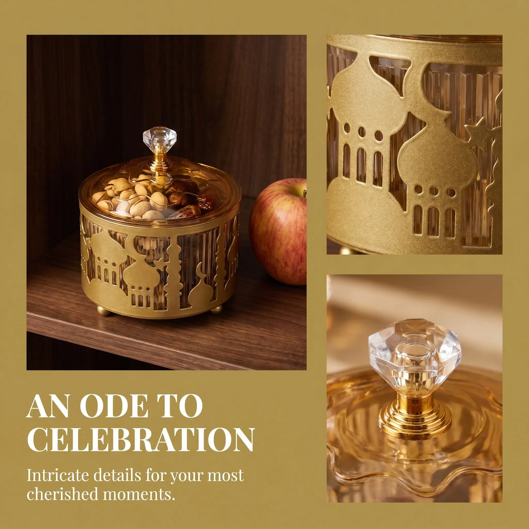 Eid Snack Tray for Ramadan – Golden Metal Dessert Serving Tray, Dried Fruit & Candy Plate, Middle Eastern Decor