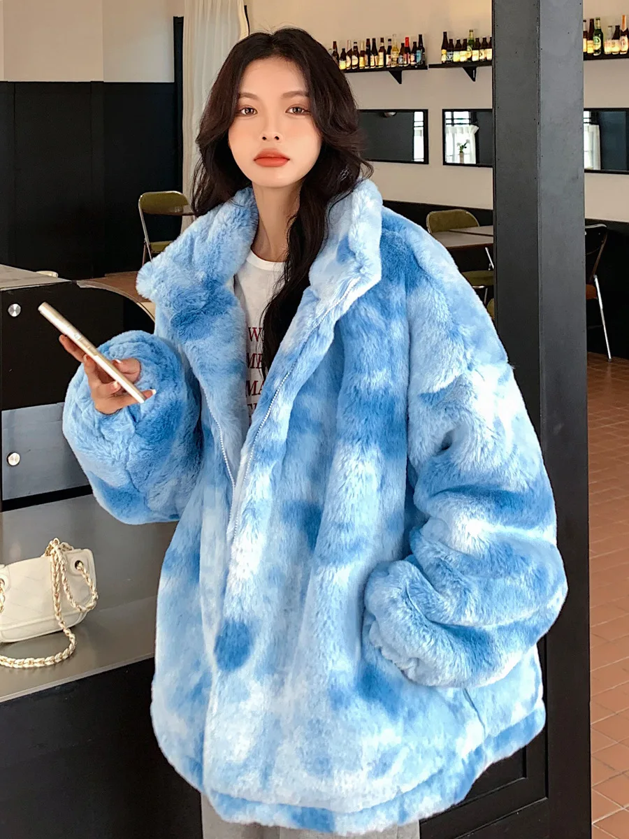 

Faux Fur Top Coats Womens Trendy Padded Nightclub Lady Fairy Patchwork Contrast Collar-Design Warm Cinched-Waist Elastic Down OL
