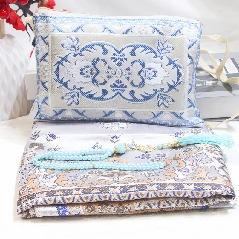Muslim Prayer Rug with Prayer Beads and Portable Bag Muslim Gift Islamic Soft Mat Gifts Set Turkish Carpet for Ramadan Eid Hajj 3