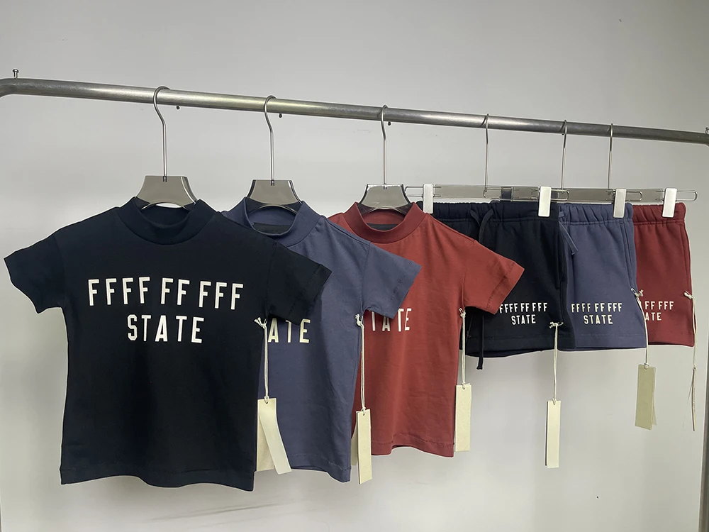 

Classic Brand Sets Summer Children's T shirt Shorts Set Best Quality Double Line Letter State Print Summer Set Fashion Boys Tees