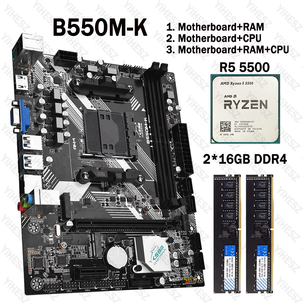 JINGSHA B550M-K Motherboard Set With AMD Ryzen 5 5500 CPU 2*16GB=32GB 3200Mhz DDR4 Memory Support M.2 NVME AM4 B450 Motherboard