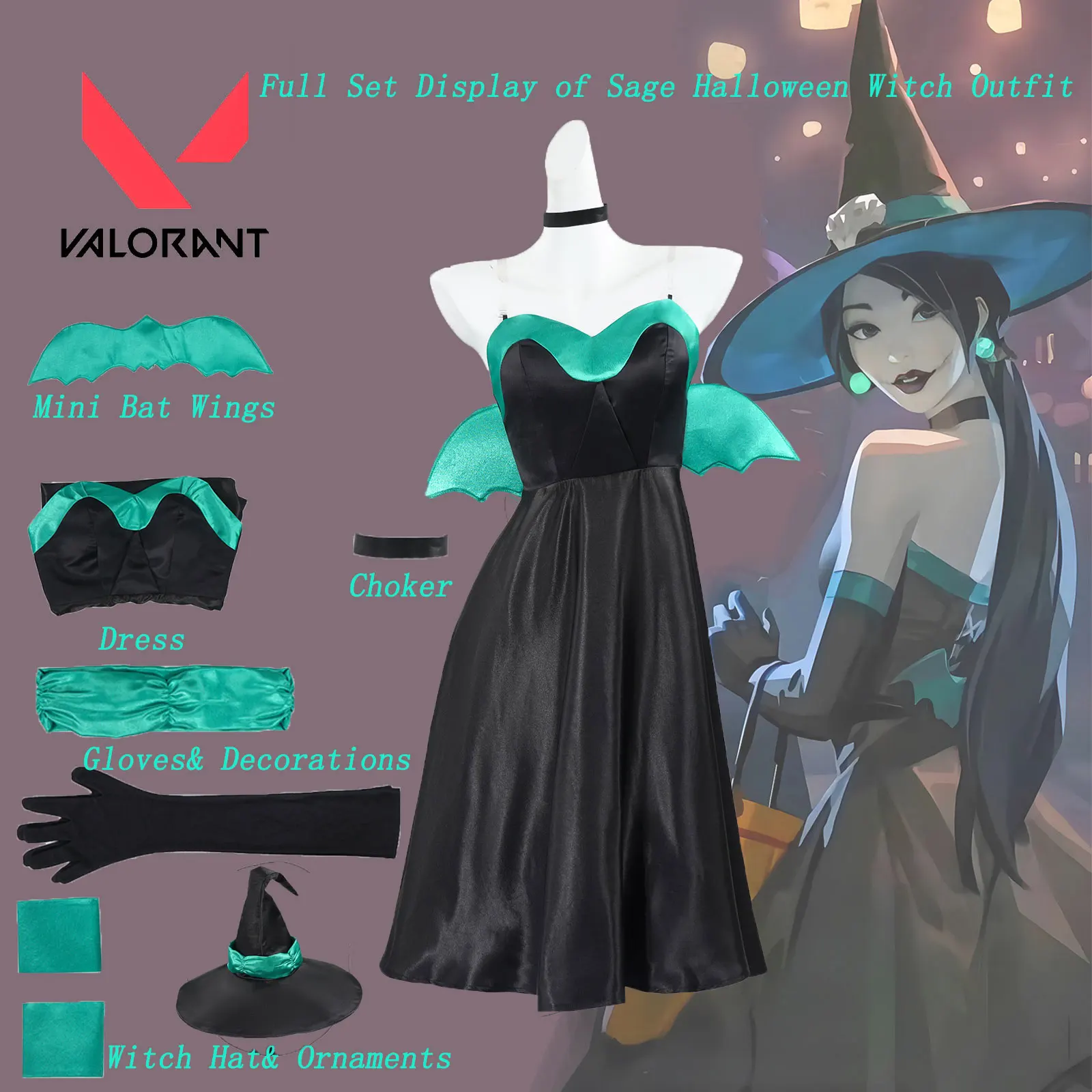 Big Size Valorant Sage Halloween Witch Cosplay Costume Women Wei Lingying Full Set Game Maid Outfit
