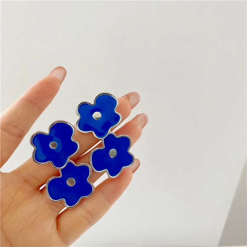 Temperament Long Enamel Blue Flower Clip on Earrings Summer Irregular Oil Drop Flower Clip Earrings No Piercing Ear Clip Jewelry