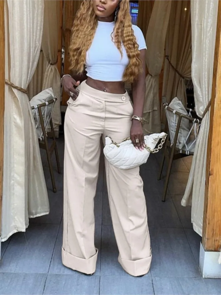خريف جديد أنيق عادية واسعة الساق التنقل بنطلون المرأة مزاجه الموضة منتصف الخصر تنوعا زر مايكرو بنطلون