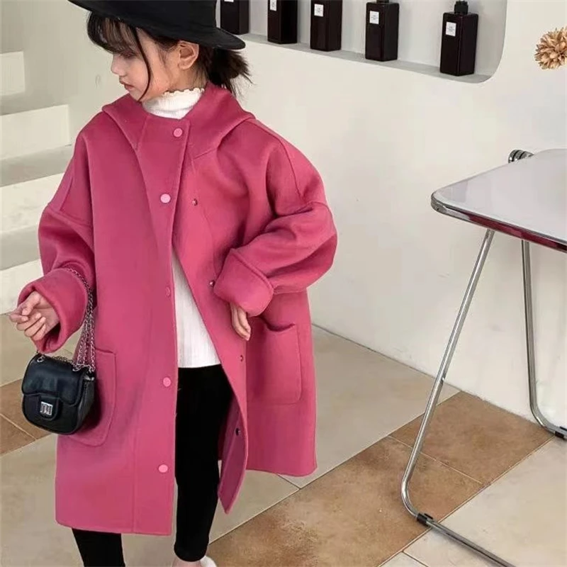 Girls Woolen Coat Jacket Windbreak 2023 Rose Warm Thicken Winter Cotton Overcoat Teenagers Children's Clothing