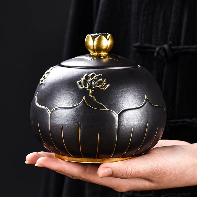 Creative Black Gold Plated Ceramic Sealed Tea Jar Irregular Gold Lotus Storage Jar Porcelain Storage Container Home Decoration