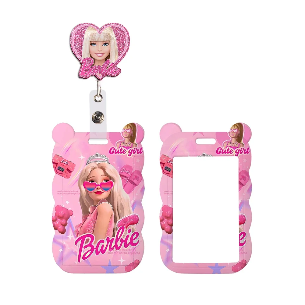 Pink Girl Barbie Id Card School Card Reel Clip Glitter Resin Pass Lanyards Cute Badge Holder Hang Rope For  Accessories Gifts