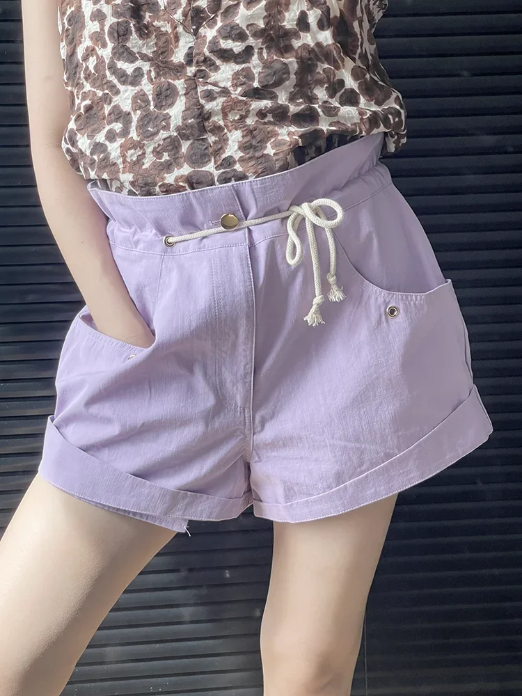 Shorts de algodão de cintura alta, bolsos grandes, cor sólida, botão frontal com cordão, shorts básicos, roxo, preto, roupas femininas de verão