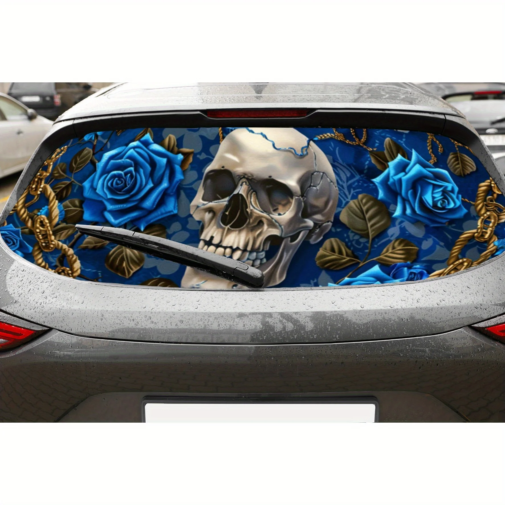 

Blue Rose and Skull Chain PVC Perforated Car Vinyl Wraps, Privacy Enhancing Design for Rear Window, Car Rear Windshield Sticker