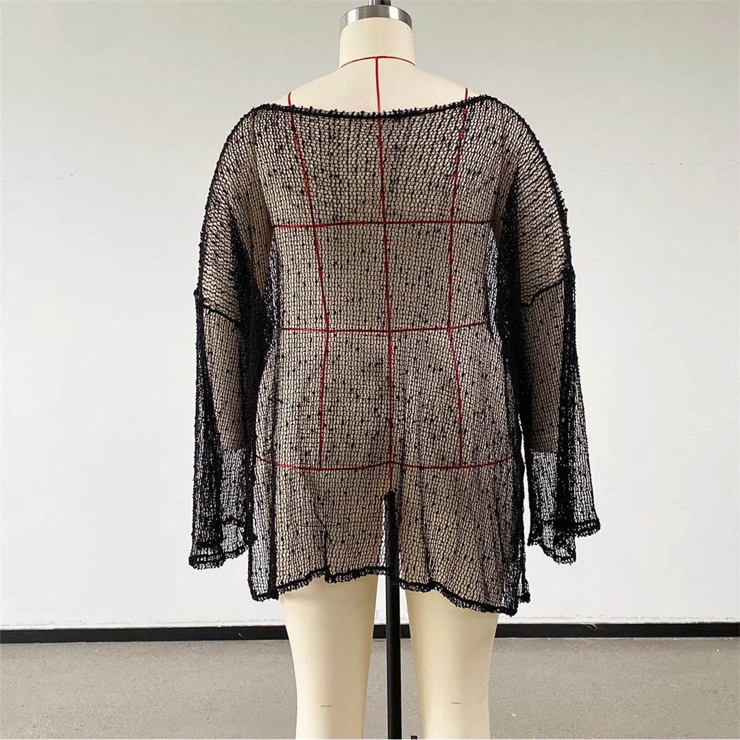 2026 Langarm-Stricktunika mit durchsichtigen Elementen, Strand-Cover-up, Strandkleid, Strandmode, Damen V8428 – Detail 8