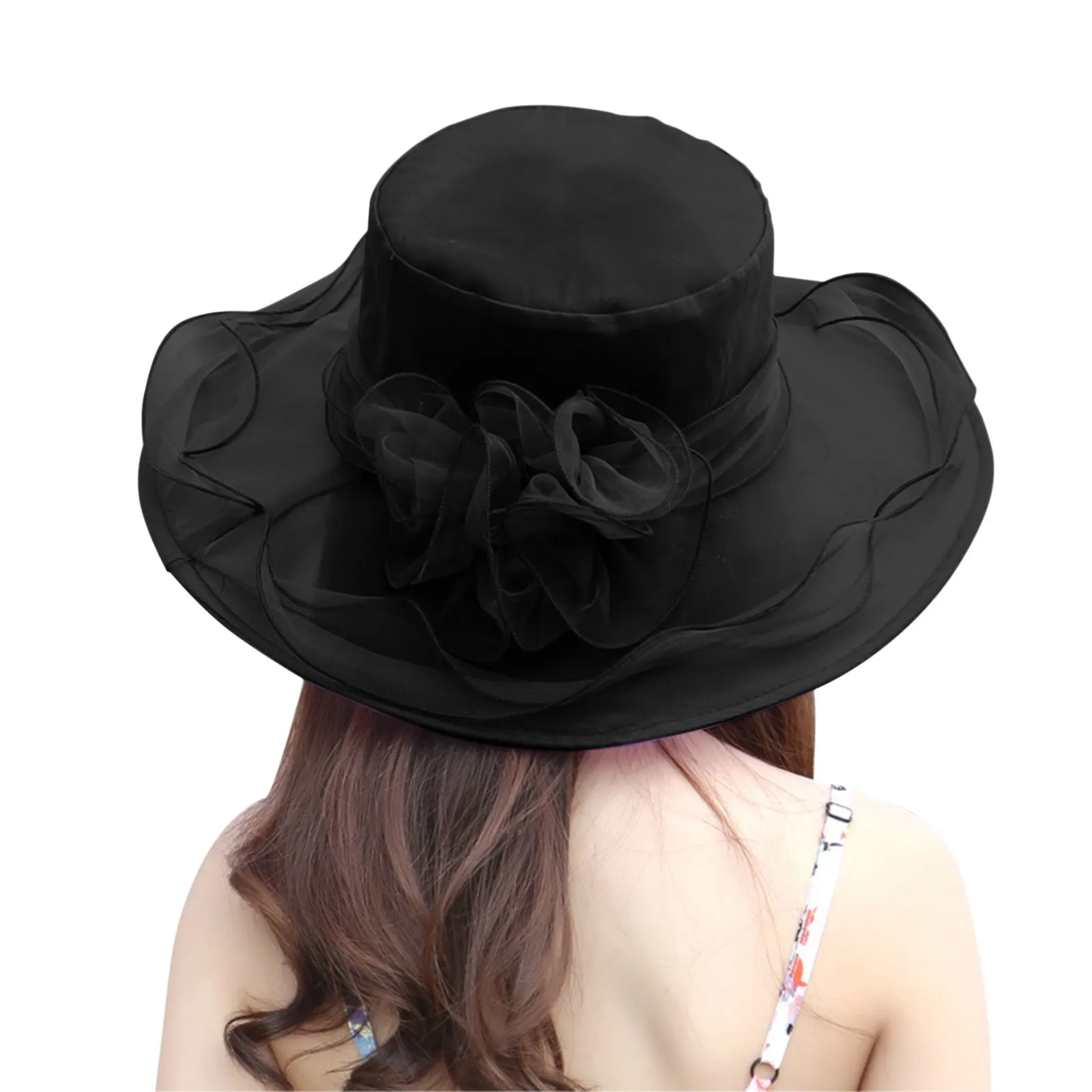 Women Organza Hat Flower Shade Seaside Beach Summer Sunshade Hat Solid Color Elegant Ladies Sun Hats