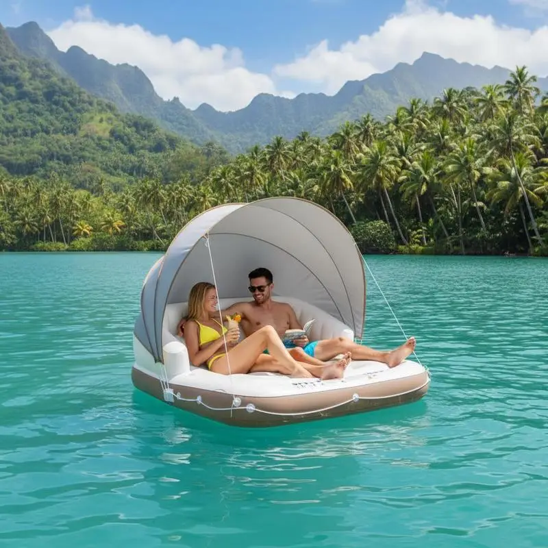 Îlot flottant gonflable en PVC pour deux personnes, auvent amovible SPF50+, deux porte-gobelets. Trois valves pour gonflage rapide, ergonomiques, pliables pour piscine et lac en été.