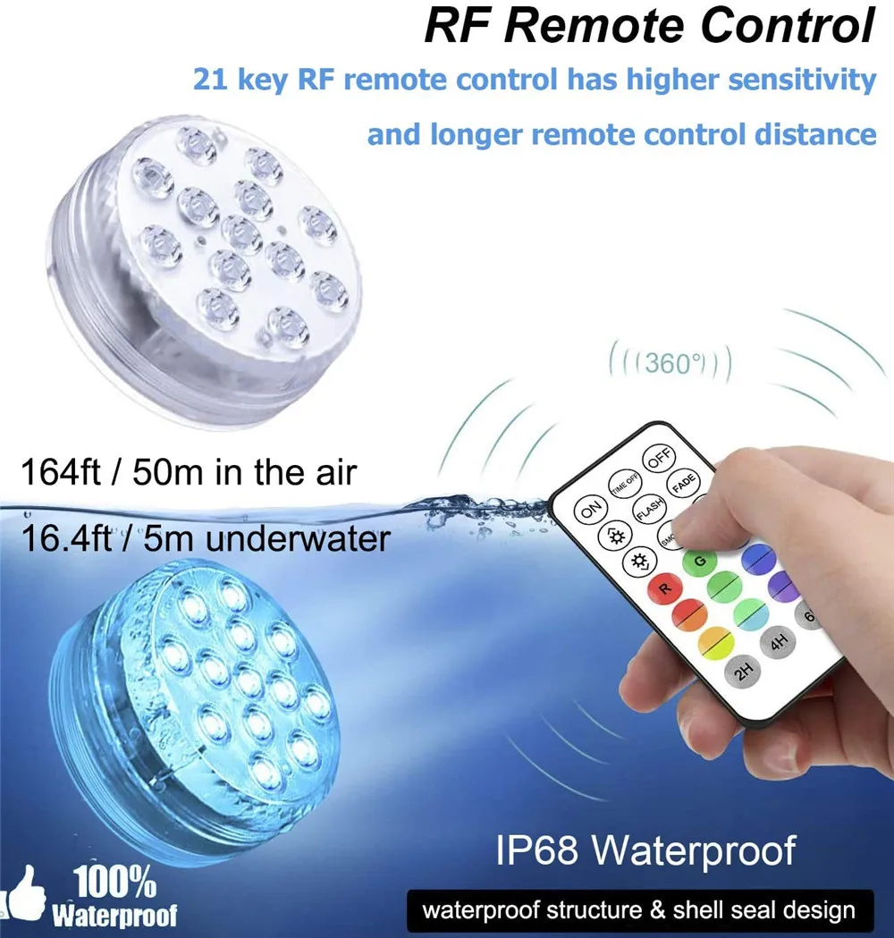 USB Rechargeable RGB Remote Control Submersible Light IP68 Waterproof 13 LED Underwater Lights Pond Swimming Pool Decorative