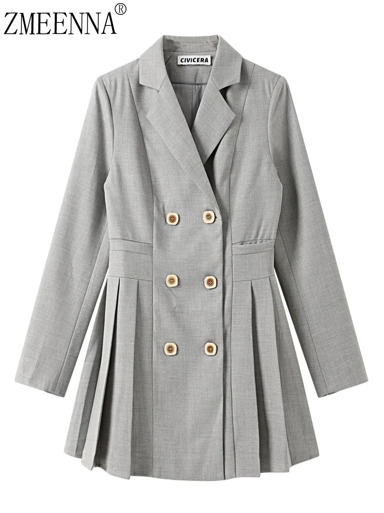 

ZMEENNA женский серый двубортный пиджак с длинными рукавами плиссированный мини-пиджак трапециевидной формы рабочая офисная верхняя одежда ZM4266