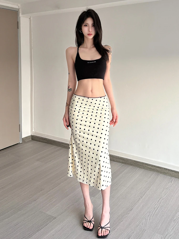

High Waist Polka Dot f Skirt Women's Slim Fit Bodycon Summer Versatile Slimming mid Length Skirt Polyester Spandex Blend