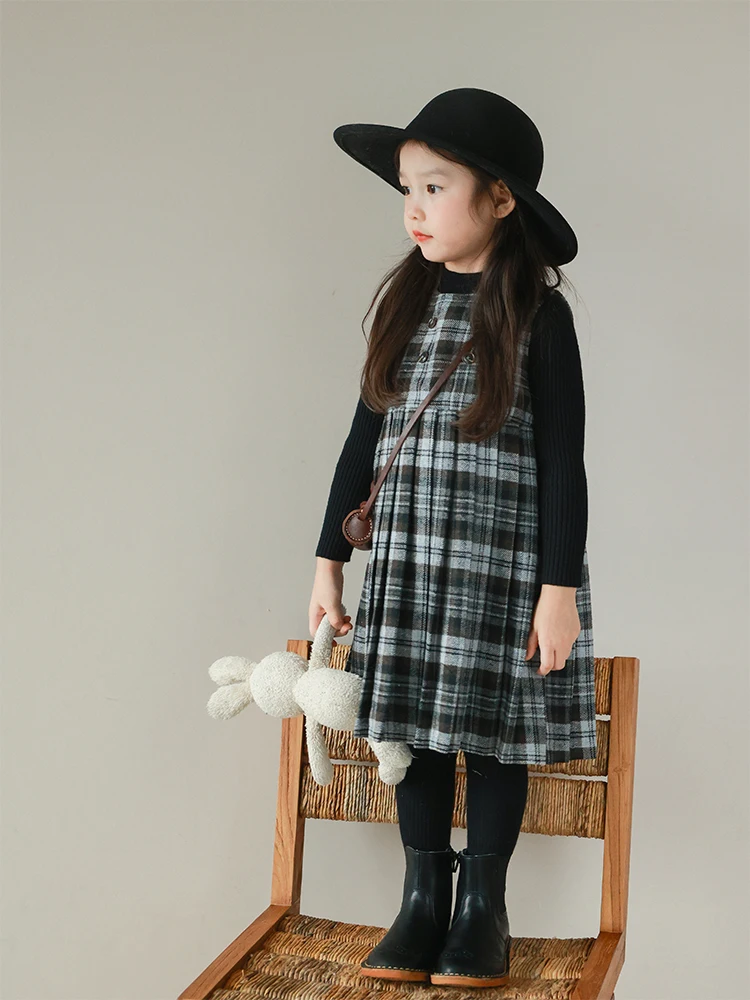 

2024 Plaid Sleeveless Girls Dress Korean Round Neck Dresses Autumn Winter Clothes for Children Daily Versatile Baby Kids Clothes