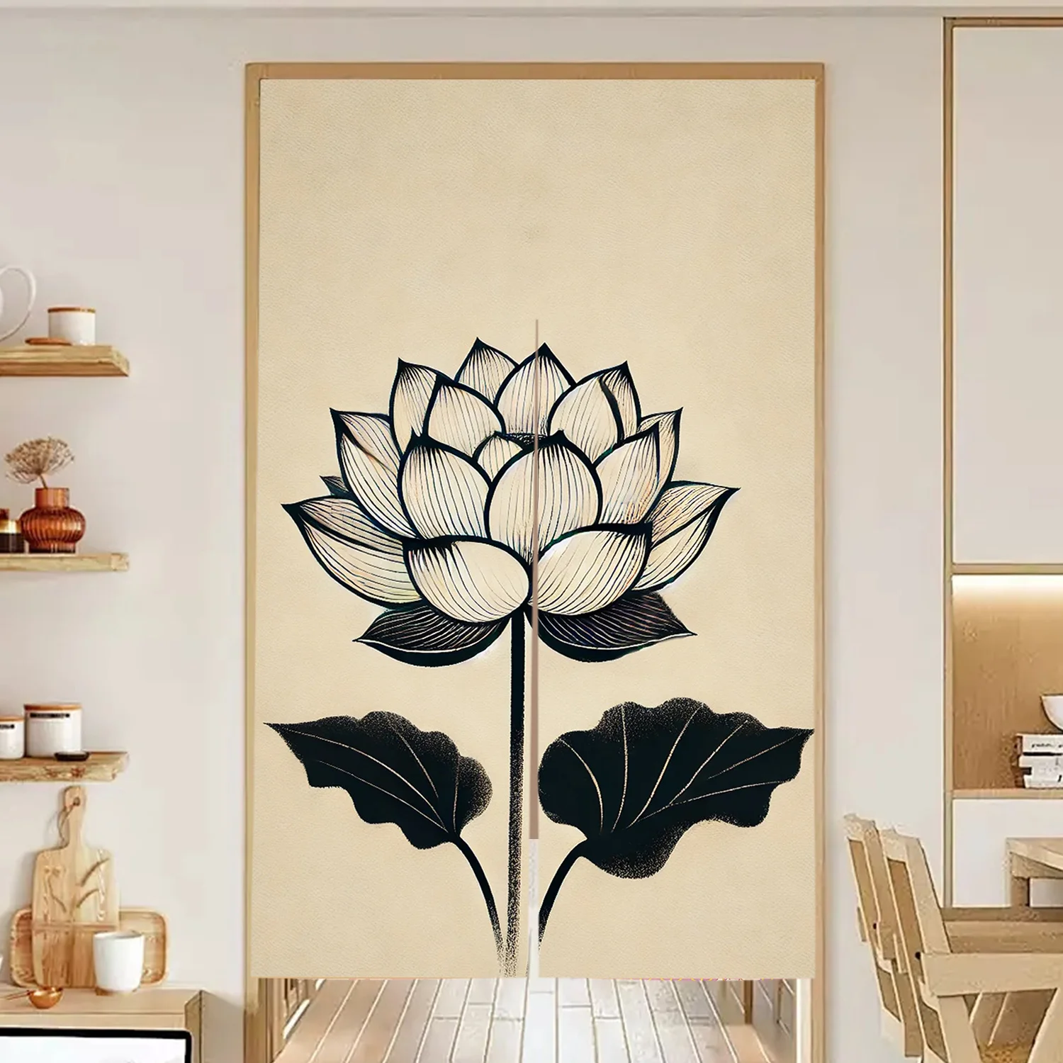 1pc Black and white lotus pattern door curtain polyester fabric machine washable, suitable for restaurant and kitchen decoration