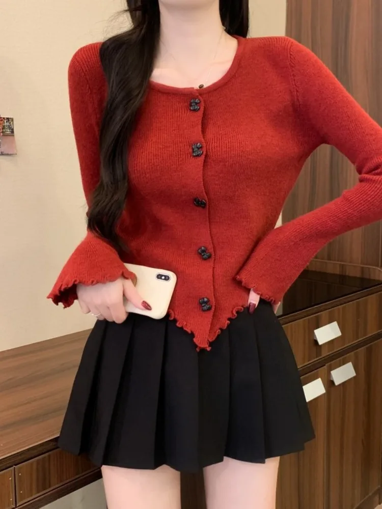 

Cisas Aosphere Soft Cozy Women's Knitted Sweater with Button Wood ain Knot Winter New Sle Wine Red