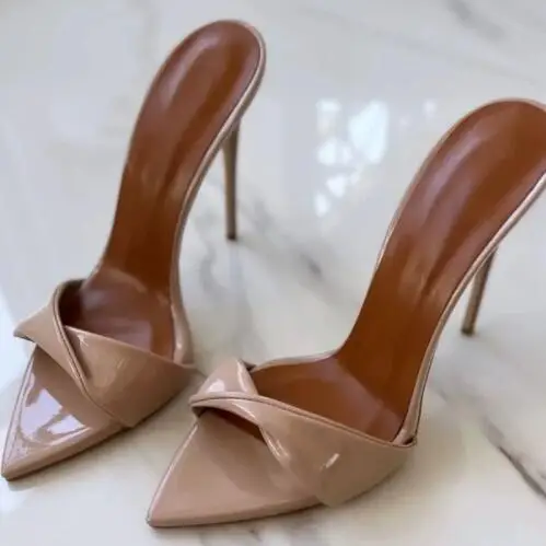 

Sexy Women Nude Matte Patent Leather Pointed Toe Twist Knot Shallow Slip On Stiletto Heels Modern Slippers High Heel Sandals