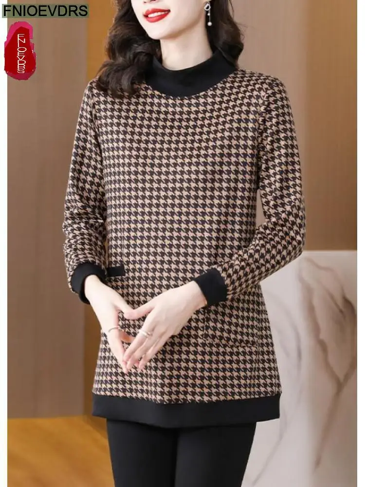 L-5XL Loose Clothes Women Winter Warm Thick Basic Wear Plaid Shirts Elegant Office Lady Casual Retro Vintage Peplum Tops Blouses