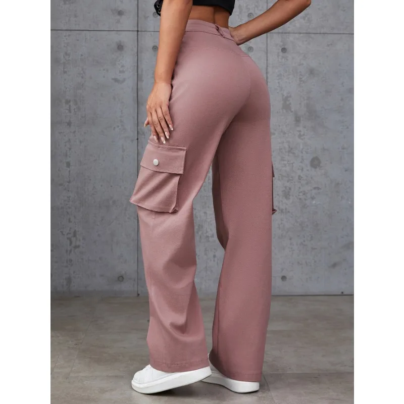 Calça reta solta feminina, cintura alta, bolso múltiplo, simples e confortável, casual, nova