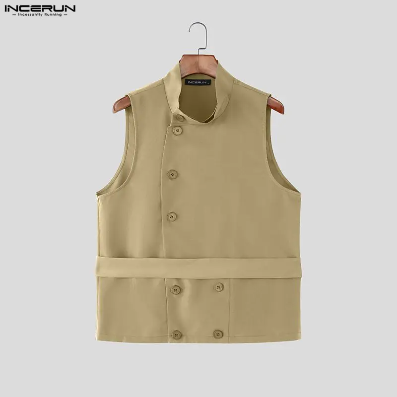 

INCERUN Мужская рубашка сплошной цвет воротник-стойка без рукавов на пуговицах мужская одежда уличная одежда свободные модные повседневные топы Camisas S-5XL