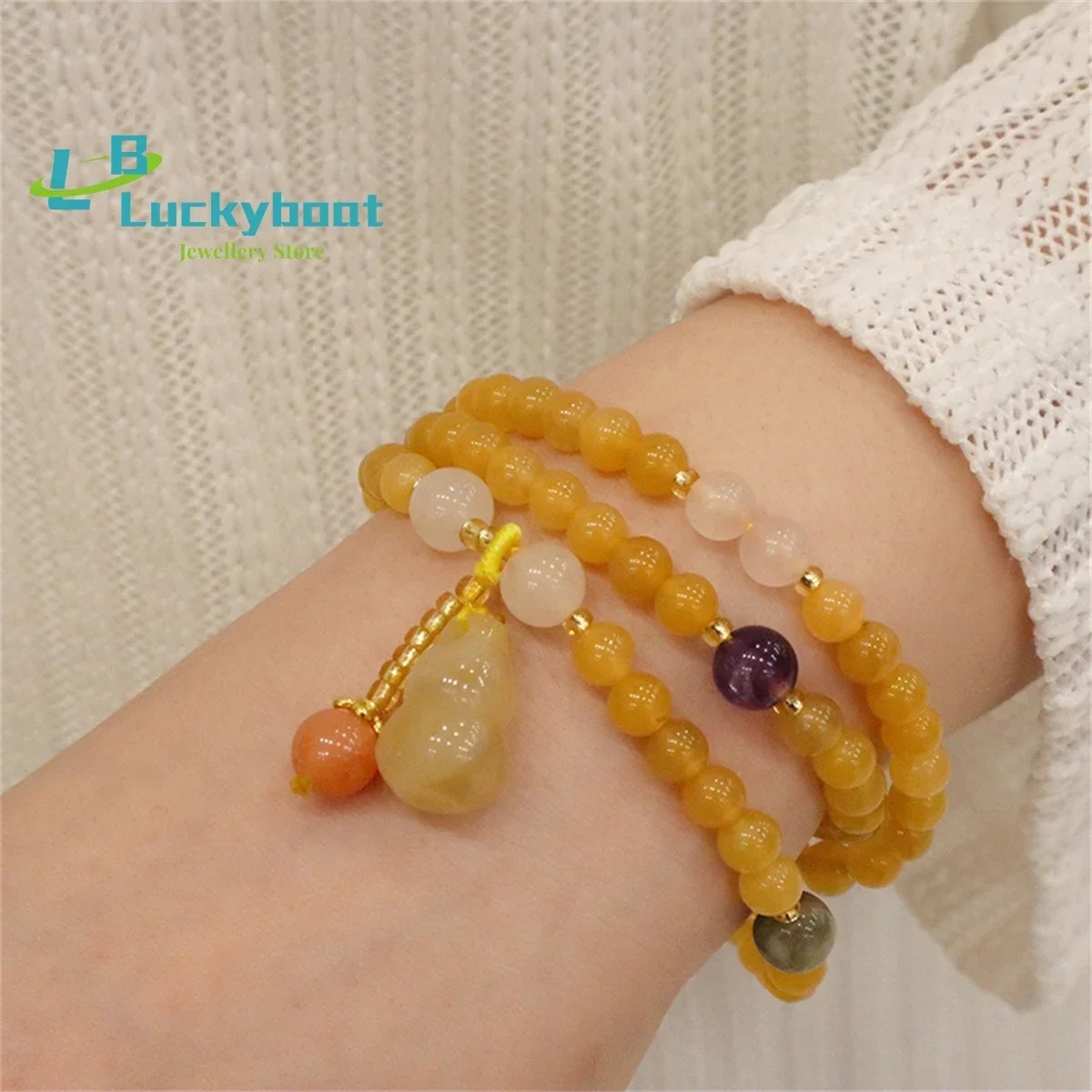 Wholesale Of Natural Xinjiang Gold Silk Jade Bracelets With Three Circles Of Colorful Jade Beads Original Retro New ChineseStyle