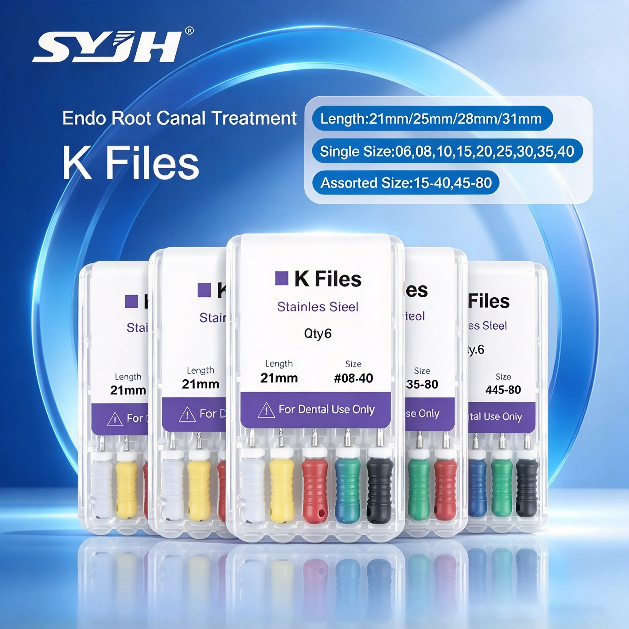 5Packs Dental Endodontic K Files 21/25/28/31mm Stainless Steel Hand Use for Root Canal Treatment & Cleaning Shaping Instruments