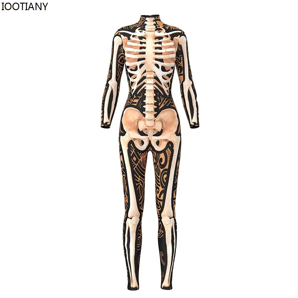 

IOOTIANY Halloween Party Cosplay Costumes Women Skeleton Bones Print Catsuits Adult Fashion Gothic Bodysuits One-piece Clothing