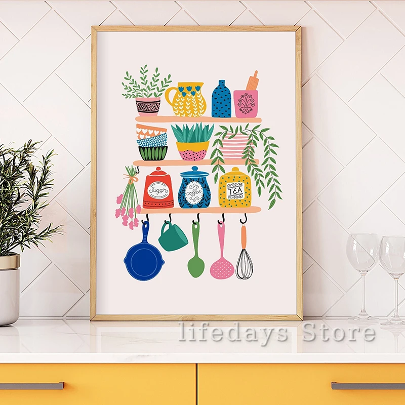 Colourful Kitchen Shelves Poster Fruit Cherry Strawberry Mugs Coffee Tea Canvas Printing Wall Art Picture for Room Home Decor